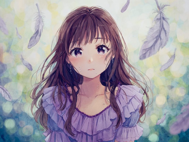 anime illustration of a brown-haired girl with purple eyes in a ruffled purple dress, crying softly among floating feathers and pastel light