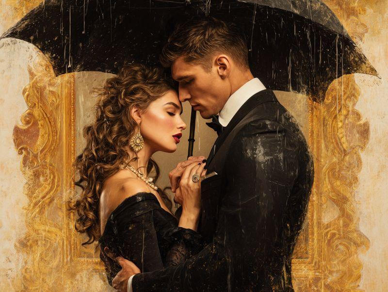 A couple in formal black attire embraces under a rain-soaked umbrella in a gilded frame.