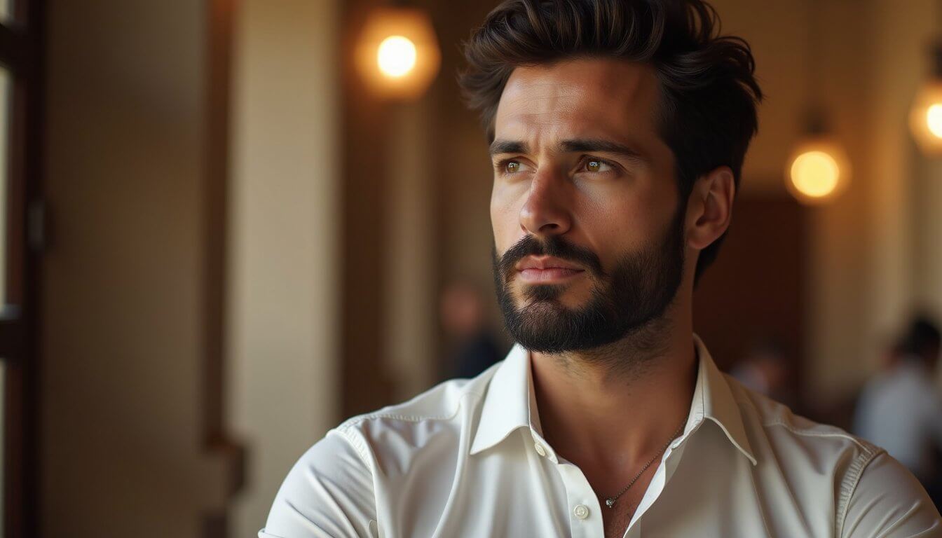 A man in a white shirt standing indoors under warm lights, gazing thoughtfully into the distance