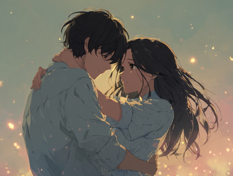 anime illustration of a romantic couple embracing, gazing at each other with love under soft glowing light