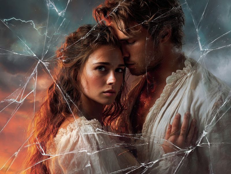 Emotional romance illustration of a couple from The Mark of Betrayal, embracing under a stormy sky with shattered glass symbolism.