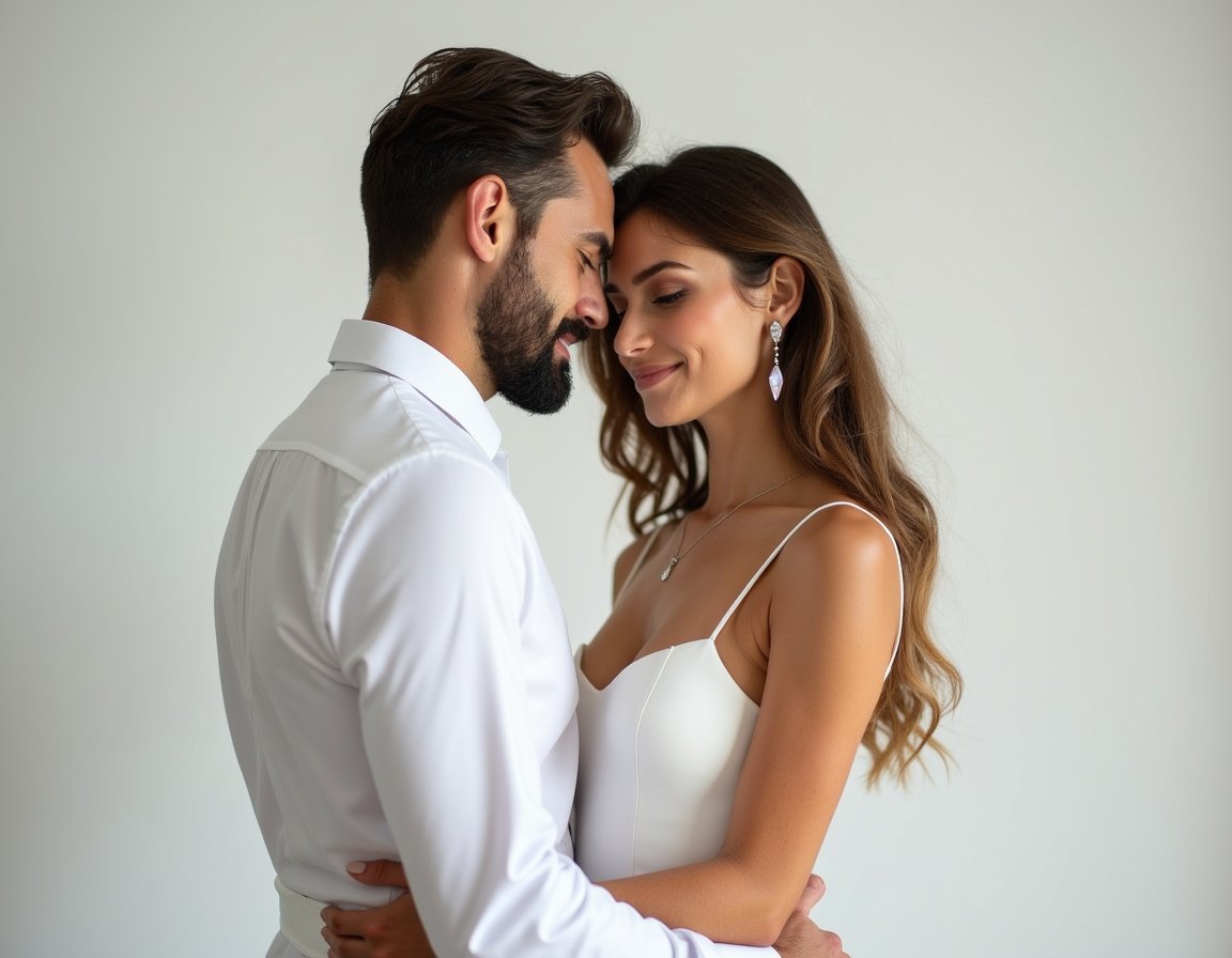 <img src="intimate-couple-in-white.jpg" alt="A couple dressed in white embracing gently, their foreheads touching as they share a quiet, tender moment" />