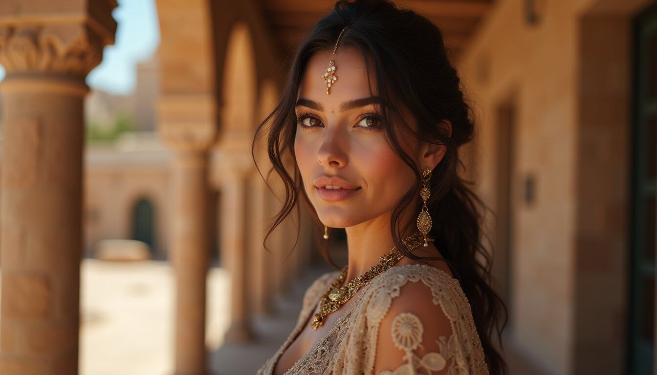 A woman in a light lace dress standing under sunlit arches, adorned with gold accessories and turning back with a gentle smile
