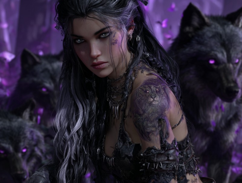 Samara, a fierce female Alpha warrior from The Mark of Betrayal, in dark leather armor with wolves in a mystical purple forest.