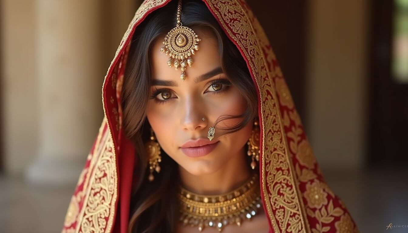 A woman in a red traditional outfit with intricate gold embroidery, wearing ornate jewelry and looking softly into the camera