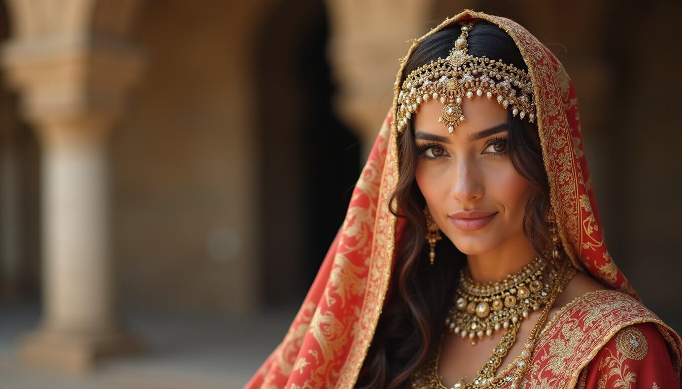 A woman in a red and gold embroidered veil, wearing elaborate golden headpieces and jewelry, smiling in front of stone arches