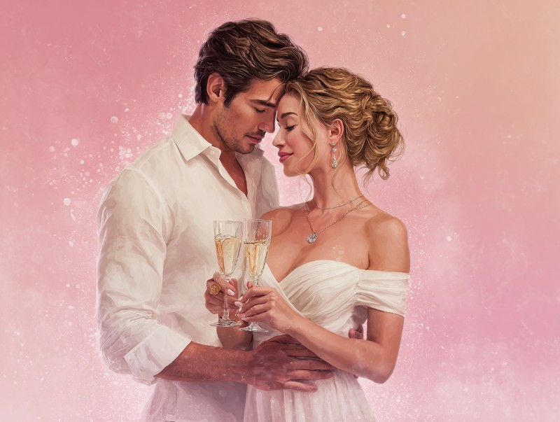 A couple leans together against a pink gradient background; he wears a white shirt, she wears a white off-shoulder gown and jewelry. Both hold champagne glasses, giving a sweet, romantic feel.