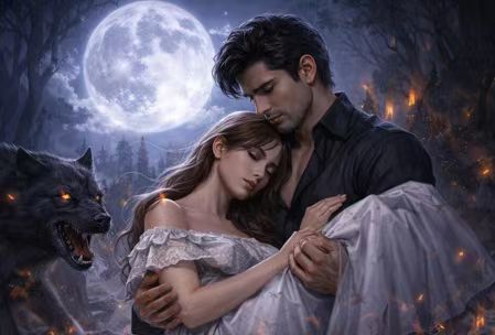 Alpha Gideon carrying Avery through a moonlit forest